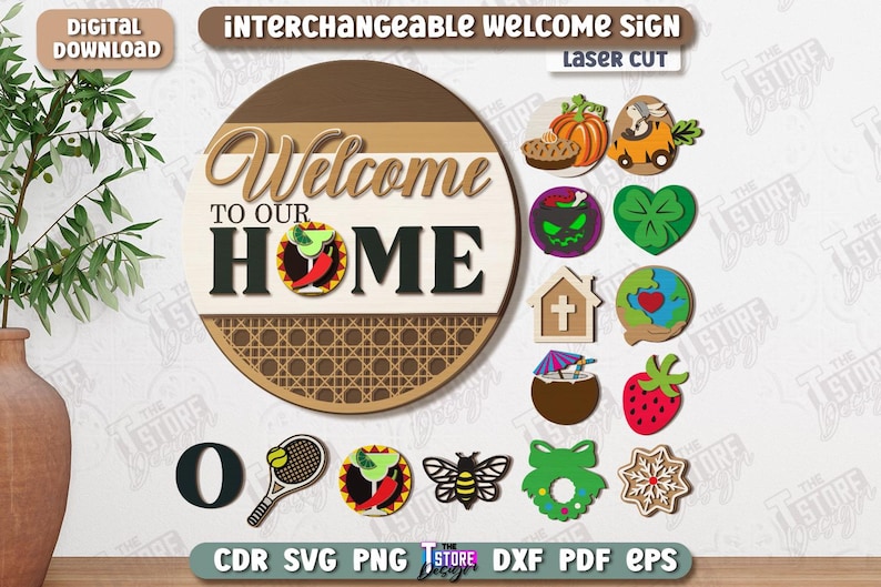Pu&ograve; includere: Un cartello di benvenuto intercambiabile, tagliato al laser, con la scritta "Welcome to Our Home". Include vari ritagli decorativi come una zucca, un quadrifoglio e una fragola. Download digitale.