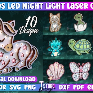 Paquete de lámparas de noche LED de madera para niños / Caja de luz LED con animales 3D cortada con láser / Lámpara de noche para bebé cortada con láser / Decoración de habitación de bebé / Decoración de habitación de niño