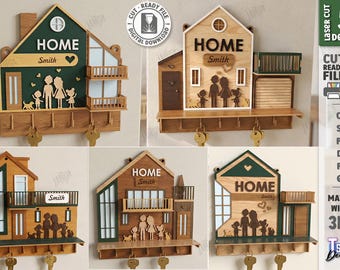 3d Family keyholder laser cut bundle, keychain rack with hooks laser cut, home quotes svg, wall decor svg, hanging house keychain holder svg