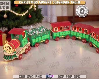 Christmas Train Advent Calendar SVG – 3D Laser Cut Files for Glowforge, CNC, xTool | Wooden Xmas Countdown Decor | Holiday Train Box