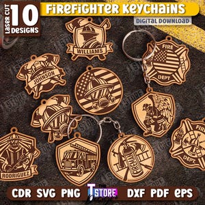 Puede incluir: Diez llaveros de bombero de madera con varios diseños, incluyendo cascos, insignias y un camión de bomberos. Cada llavero está cortado con láser y presenta el texto "Firefighter Keychains" y "Digital Download".