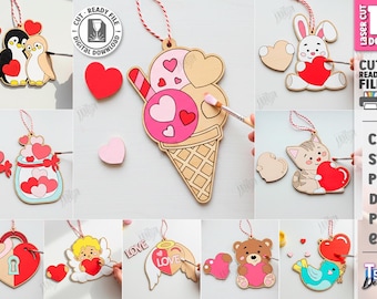 Lot de décorations découpées au laser pour la Saint-Valentin à peindre en 3D, décorations pour enfants découpées au laser pour la Saint-Valentin, décorations découpées au laser pour décorations de peinture, motif vierge en bois