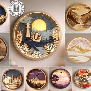 3d multilayer nightlight wall decor laser cut bundle, mountain wall signs svg, nature scene signs laser cut,  wooden forest wall hanger