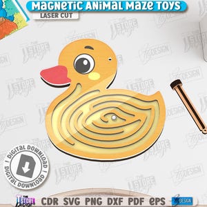 May include: A wooden duck-shaped magnetic maze toy with a red beak and a brown magnetic wand. The maze is laser cut and features a winding path. The text "MAGNETIC ANIMAL MAZE TOYS" is at the top.