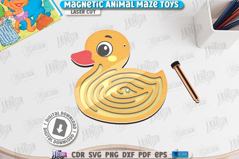 May include: A wooden duck-shaped magnetic maze toy with a red beak and a brown magnetic wand. The maze is laser cut and features a winding path. The text "MAGNETIC ANIMAL MAZE TOYS" is at the top.