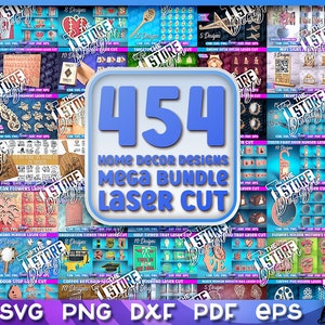 Könnte beinhalten: Eine Collage mit 454 Designs für die Heimdekoration zum Laserschneiden. Die Designs sind in Kategorien geordnet und umfassen eine Vielzahl von Stilen, wie z. B. floral, geometrisch und verspielt. Die Designs sind in verschiedenen Formaten verfügbar, darunter CDR, SVG, PNG, DXF, PDF und EPS.