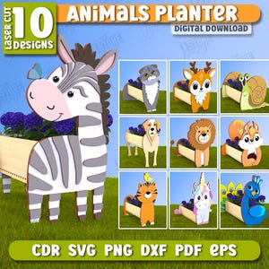 Tiere Übertopf Laser Cut Bundle, Blumen, Gartendekoration, Pflanzkasten, Gartenverzierung, Gartentopf, Tiere Blumenständer, Kindertopf SVG