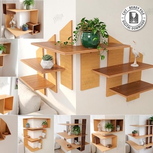 May include: A collection of wooden wall shelves in various designs, perfect for displaying plants and decorative items. The shelves are made of light brown wood and are mounted on a white wall. The image includes text that says "CUT READY FILE DIGITAL DOWNLOAD".