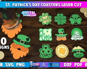 St. Patrick's day Untersetzer Lasercut Bundle, St. Pat's gravierte Schilder, Hufeisen Holz Untersetzer svg, Klee Küchen Dekor, Kobold svg