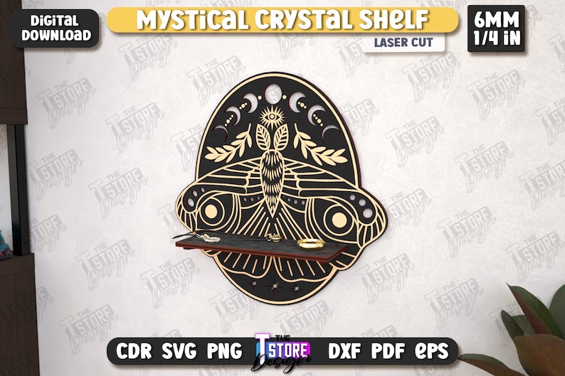 May include: A black and gold laser-cut Mystical Crystal Shelf in the shape of a moth. The shelf is 1/4 inch thick and has a small shelf to hold crystals or other small items. The design includes moons, stars, and an eye.
