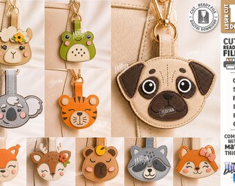 Etichetta per borsa a forma di animale SVG - Etichetta per bagaglio in pelle tagliata al laser - Simpatico ciondolo per borsa a forma di animale - Modello SVG per portachiavi da zaino