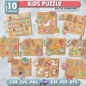 May include: A collection of ten laser-cut wooden kids puzzles. The puzzles feature various themes, including the alphabet, numbers, dinosaurs, and farm animals. The puzzles are designed for digital download and are suitable for children.