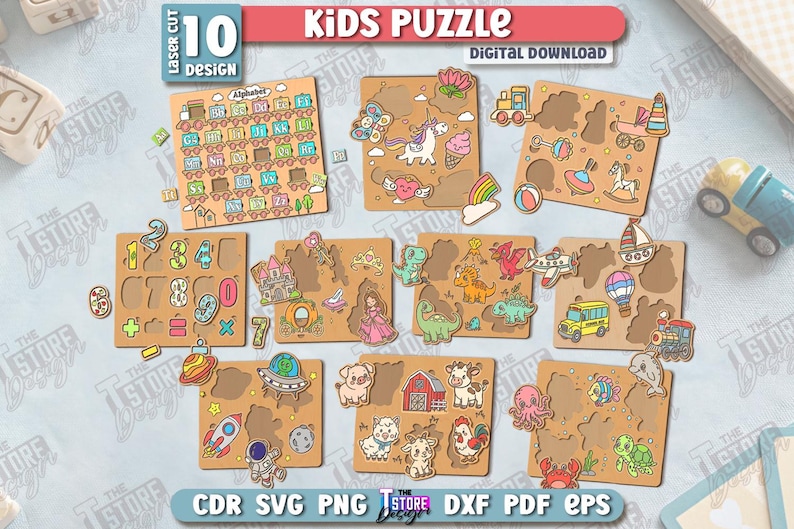 May include: A collection of ten laser-cut wooden kids puzzles. The puzzles feature various themes, including the alphabet, numbers, dinosaurs, and farm animals. The puzzles are designed for digital download and are suitable for children.
