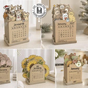 Könnte beinhalten: Ein Set aus fünf lasergeschnittenen Holztischkalendern für 2027 mit Motiven von französischen Bulldoggen, Katzen, Pfingstrosen, Sonnenblumen und Küchenutensilien. Jeder Kalender hat eine Materialstärke von 3 mm und enthält digitale Dateien in verschiedenen Formaten.