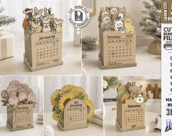2027 Calendar SVG - Laser Cut Wooden Desk Calendar - Animal Floral Calendar - Plywood Table Decor - New Year Gift svg