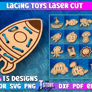 Lacing Toys Laser Cut, Kids Game Laser Design, Montessori lacing brinquedos, aprender a amarrar cadarços de sapato svg, educação para bebês, espaços em branco para bordados de madeira
