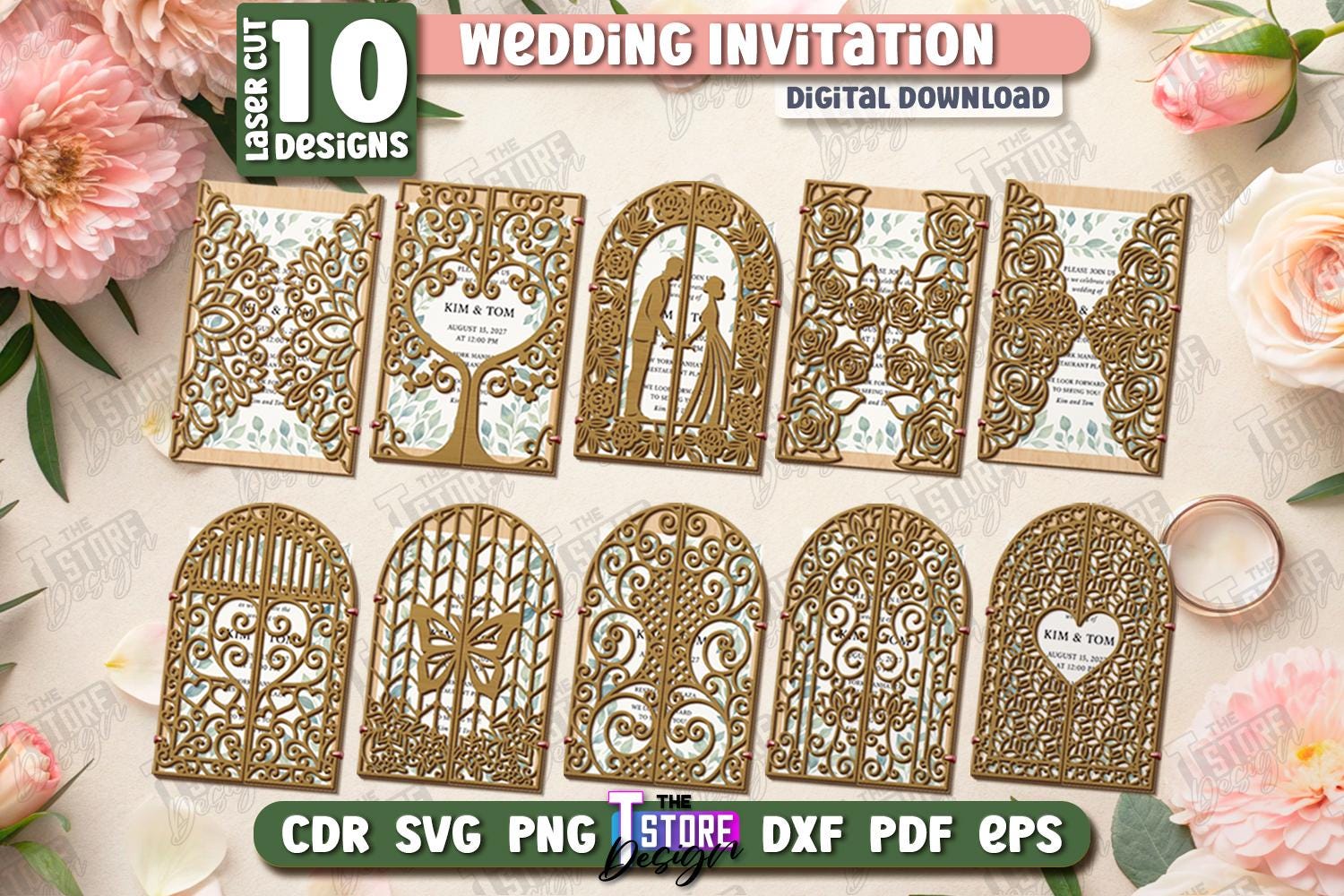 Wedding invitation laser cut bundle, 3D wooden wedding invitation holder, personalized wedding card envelope lasercut, wooden gate-fold card