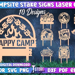 Puede incluir: Diez diseños digitales para carteles de estacas de camping cortados con láser. Los diseños presentan una variedad de temas de campamento, incluyendo campistas felices, bienvenidos a nuestro campamento y campamento ocupado. Los diseños están en blanco y negro y están listos para ser cortados en una cortadora láser.