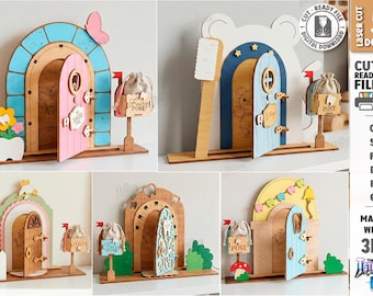 Paquete de puerta de hada de los dientes 3D cortada con láser, puerta mágica de hada de los dientes, puertas y ventanas de casa de hada de los dientes con láser, decoración de guardería, arte de pared para habitación de niños SVG