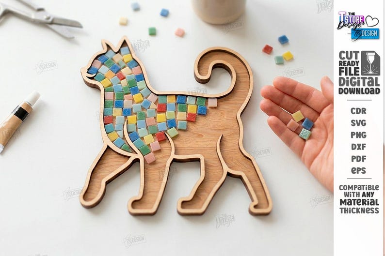 May include: Wooden dog-shaped mosaic art piece with colorful square tiles. The dog is made of light brown wood, and the mosaic tiles are in shades of blue, green, yellow, and pink. The image also includes text that says "CUT READY FILE DIGITAL DOWNLOAD".