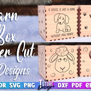 May include: Two laser cut wooden box designs. The first box features a dachshund with the text "A house is not a home without paw prints". The second box features a sheep with a swirl design.