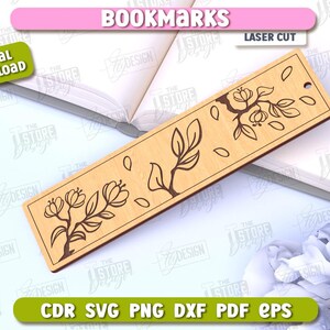May include: A laser cut bookmark featuring a floral design with leaves and flowers. The bookmark is made of wood and has a natural brown color.