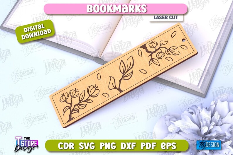 May include: A laser cut bookmark featuring a floral design with leaves and flowers. The bookmark is made of wood and has a natural brown color.