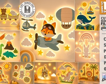 3D Kinder Kinderzimmer leuchtende Wand Dekor Laser geschnitten Bündel, Kinder LED-Nachtlampen svg, hölzerne LED-Lichtlampe, Tiere geführte Schilder svg, Kinderzimmerdekor