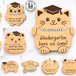 May include: Wooden graduation-themed cutouts in various animal shapes, including a bear, owl, cat, and dinosaur. Each cutout features a graduation cap and inspirational messages like "Believe in yourself" and "Kindergarten here we come!"