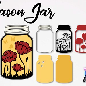 May include: A set of five mason jar SVG cut files featuring a design of red poppies and butterflies inside the jar. The files are available in black, white, and red.