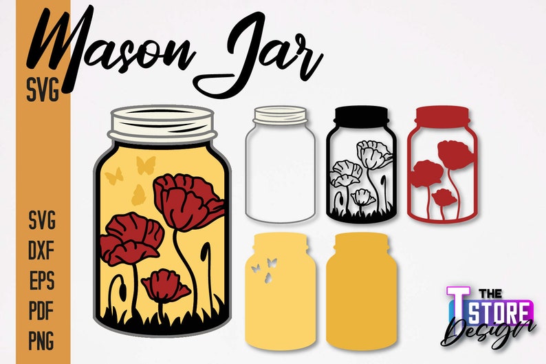 May include: A set of five mason jar SVG cut files featuring a design of red poppies and butterflies inside the jar. The files are available in black, white, and red.