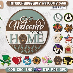 3d Interchangeable welcome sign laser cut, seasonal round door sign svg, home door hanger svg, front door sign, farmhouse home decoration