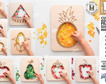 May include: A collection of ten laser-cut wooden boards featuring fruit and vegetable outlines, including a pineapple, carrot, watermelon, and apple. Each board has a hollow center filled with small, colorful paper pieces for crafting projects.