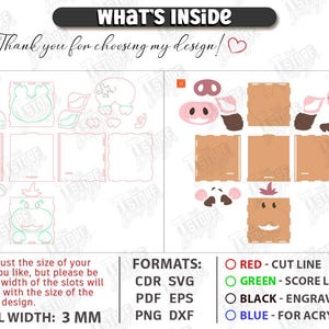 May include: Digital cut file with pig-themed designs, including outlines for assembly. The image includes the text "WHAT'S INSIDE" and "Thank you for choosing my design!" with color-coded lines for cutting, scoring, and engraving. Material width is 3 mm.