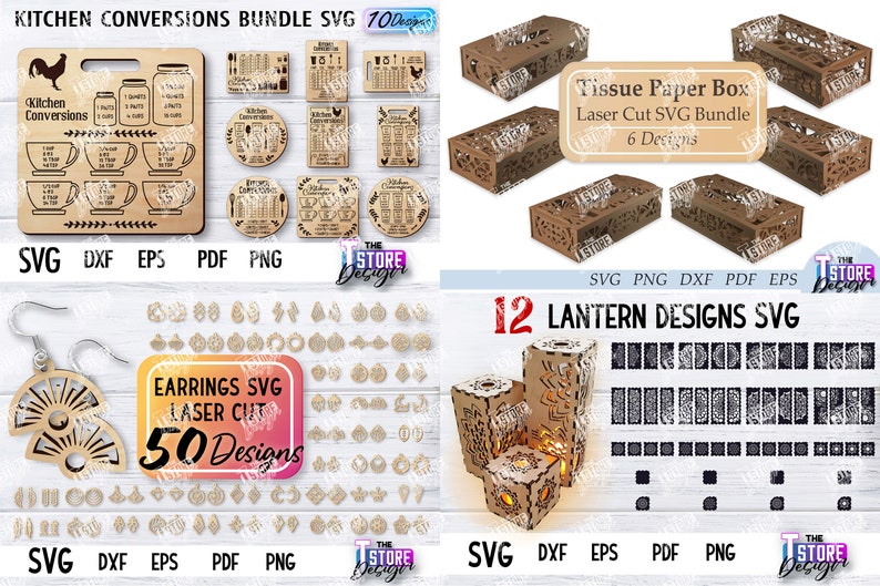 May include: A digital download bundle of 12 SVG designs for laser cutting. The designs include kitchen conversions, tissue paper boxes, earrings, and lanterns. The designs are in black and white and are ready to be cut on a laser cutter.