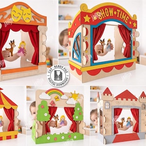 May include: Five laser-cut wooden puppet theatre designs. Each theatre features a different theme, including a circus tent, castle, and stage. The theatres have red curtains and are designed for 3mm material. The text "SHOW TIME" is visible on one theatre.