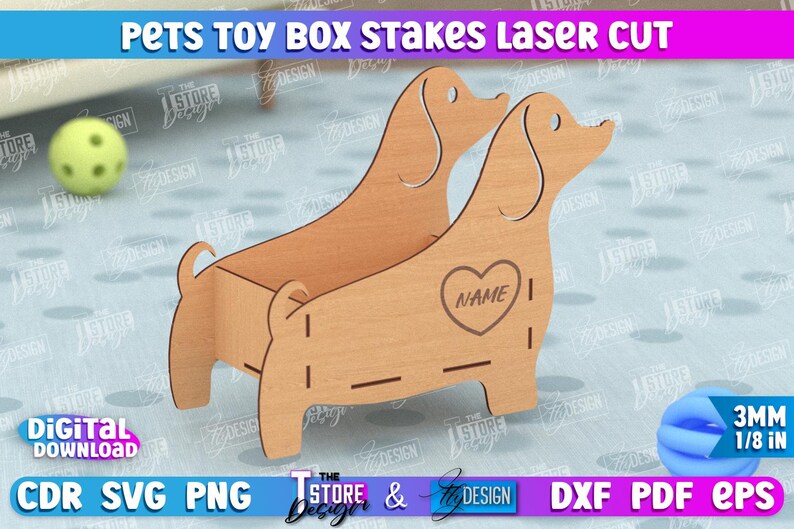 May include: Laser cut wooden dog toy box with a heart-shaped cutout for personalization. The box is designed to hold pet toys and has a 3mm (1/8 inch) thickness.