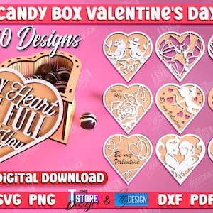 May include: Ten Valentine's Day designs for a candy box. The designs include hearts with various sayings, such as "My Heart is Full of You", "You are My Valentine", and "You are the Best".