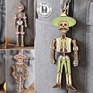 May include: Five laser-cut wooden skeleton keychains featuring various outfits and accessories, including sombreros and a guitar. The designs include text stating 5 DESIGNS, CUT READY FILE, and file formats like CDR, SVG, PNG, DXF, PDF, and EPS.