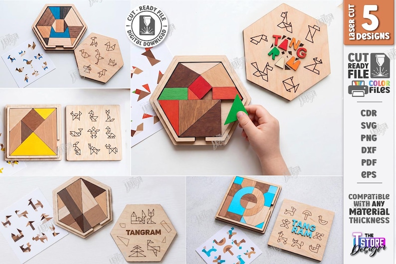 May include: A collection of wooden tangram puzzles with laser-cut designs. The image displays five different designs, including geometric shapes and animal figures. The puzzles are made of wood and feature colourful pieces. The image also includes the text "CUT READY FILE".
