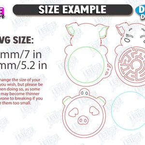 May include: Digital download of pig-shaped designs with a maze and circle. The average size is 7 inches by 5.2 inches. The text says "SIZE EXAMPLE" and "DIGITAL DOWNLOAD". The Store Designer logo is in the top left.