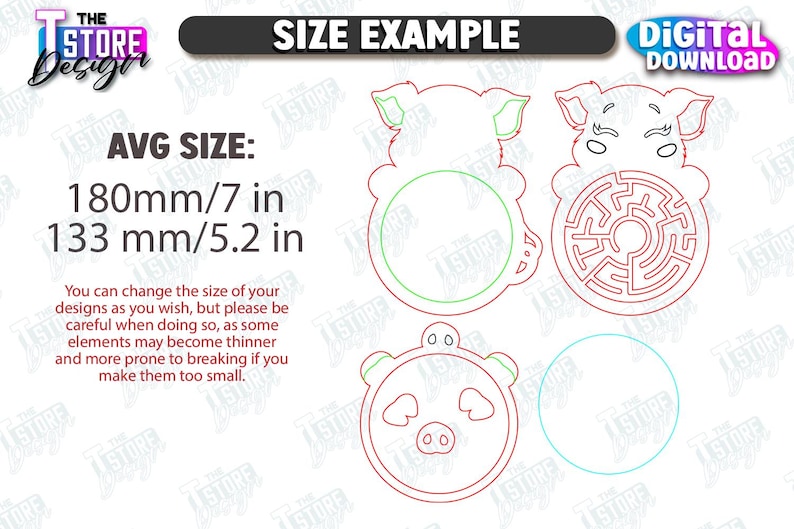 May include: Digital download of pig-shaped designs with a maze and circle. The average size is 7 inches by 5.2 inches. The text says "SIZE EXAMPLE" and "DIGITAL DOWNLOAD". The Store Designer logo is in the top left.