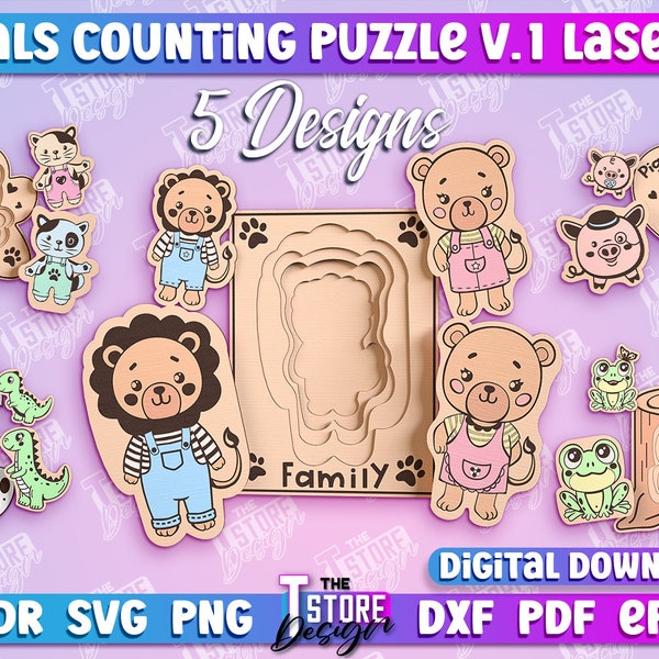 Animals Counting Wooden Puzzle | Montessori Children Puzzle Laser Cut | Educational Toy Animal Puzzle Lasercut | Sorting toy SVG Design v.1
