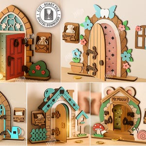 Op de afbeelding: Vijf lasergesneden houten feeëndeurontwerpen. Elke deur heeft unieke kenmerken, waaronder een rode deur, een brievenbus en een kleine tuin. De afbeelding bevat ook de tekst "CUT READY FILE" en "5 DESIGNS".