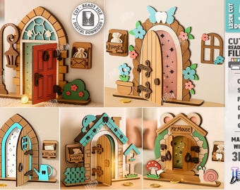 3d Tooth Fairy door laser cut bundle, fairytale door, tooth fairy house door and windows laser cut, nursery decor, kids room wall art svg
