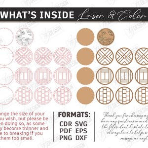 May include: Laser cut design elements in various circular shapes. Includes floral, geometric, and window-like patterns. The image also contains the text "WHAT'S INSIDE Laser & Color" and file format information.