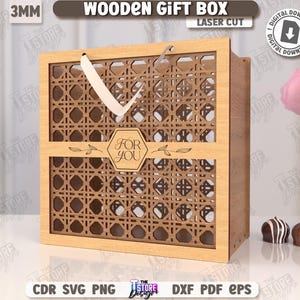May include: A laser-cut wooden gift box with a woven pattern on the front and sides. The box has a light brown color and a handle. The text "FOR YOU" is displayed on a tag. The image also includes the text "WOODEN GIFT BOX" and "LASER CUT".