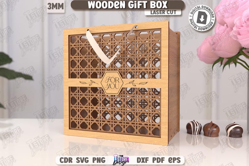May include: A laser-cut wooden gift box with a woven pattern on the front and sides. The box has a light brown color and a handle. The text "FOR YOU" is displayed on a tag. The image also includes the text "WOODEN GIFT BOX" and "LASER CUT".