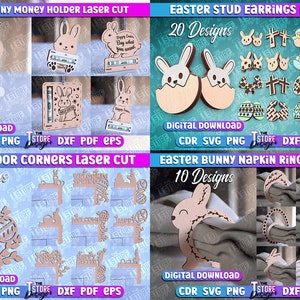 May include: A digital download of 10 laser cut designs for Easter bunny napkin rings. The designs feature a bunny rabbit with an Easter egg and floral accents. The designs are available in CDR, SVG, PNG, DXF, PDF, and EPS formats.