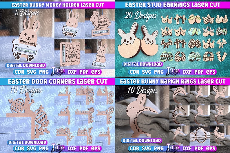 May include: A digital download of 10 laser cut designs for Easter bunny napkin rings. The designs feature a bunny rabbit with an Easter egg and floral accents. The designs are available in CDR, SVG, PNG, DXF, PDF, and EPS formats.